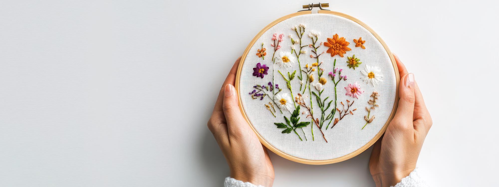 mani che ricamano un fiore colorato